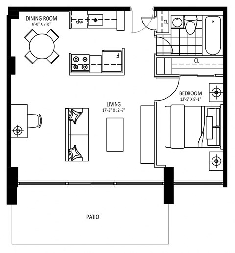 Floor plan for 1 bed, 1 bath, 561 sqft